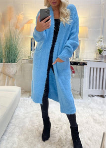 French Blue V Neck Graphic Cotton Knit Long Cardigans Fall