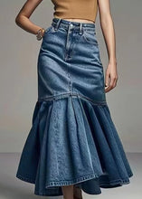 Load image into Gallery viewer, French Blue Wrinkled High Waist Denim Fishtail Skirt Summer