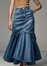 Load image into Gallery viewer, French Blue Wrinkled High Waist Denim Fishtail Skirt Summer