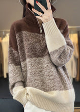 Load image into Gallery viewer, French Brown Zip Up Patchwork Cozy Cotton Knit Sweaters Long Sleeve