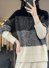 Load image into Gallery viewer, French Brown Zip Up Patchwork Cozy Cotton Knit Sweaters Long Sleeve