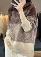 Load image into Gallery viewer, French Brown Zip Up Patchwork Cozy Cotton Knit Sweaters Long Sleeve