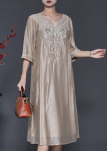 Load image into Gallery viewer, French Champagne Embroidered Linen Silk Dresses Half Sleeve