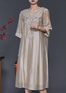 French Champagne Embroidered Linen Silk Dresses Half Sleeve