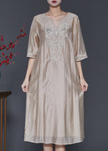 Load image into Gallery viewer, French Champagne Embroidered Linen Silk Dresses Half Sleeve