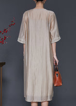 Load image into Gallery viewer, French Champagne Embroidered Linen Silk Dresses Half Sleeve