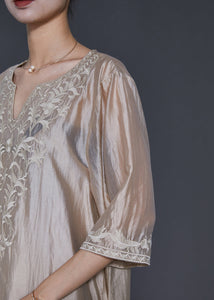 French Champagne Embroidered Linen Silk Dresses Half Sleeve