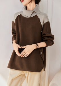 French Chocolate Nail Bead Patchwork Cotton Sweatshirts Top Spring