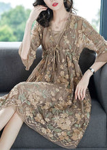 Load image into Gallery viewer, French Coffee Ruffled Embroidered Patchwork Silk Two Piece Set Summer