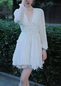 French Coffee V Neck Ruffled Patchwork Chiffon Short Dress Lantern Sleeve