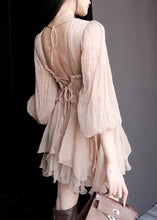 Load image into Gallery viewer, French Coffee V Neck Ruffled Patchwork Chiffon Short Dress Lantern Sleeve