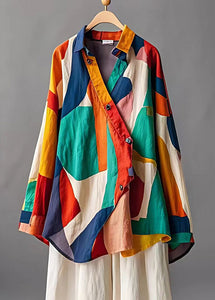 French Colorblock Asymmetrical Print Linen Top Fall