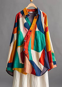 French Colorblock Asymmetrical Print Linen Top Fall