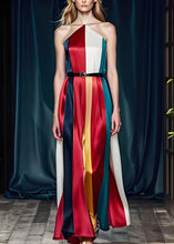 Load image into Gallery viewer, French Colorblock Cold Shoulder Tie Waist Silk Party Dress Sleeveless