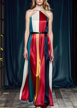 Load image into Gallery viewer, French Colorblock Cold Shoulder Tie Waist Silk Party Dress Sleeveless