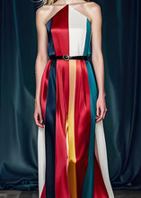 Load image into Gallery viewer, French Colorblock Cold Shoulder Tie Waist Silk Party Dress Sleeveless