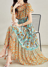 Load image into Gallery viewer, French Colorblock Ruffled Patchwork Print Silk Long Dresses Summer