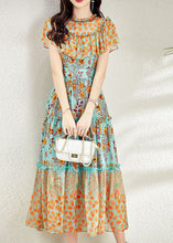 Load image into Gallery viewer, French Colorblock Ruffled Patchwork Print Silk Long Dresses Summer