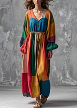 Load image into Gallery viewer, French Colorblock V Neck Wrinkled Cotton Long Dress Lantern Sleeve