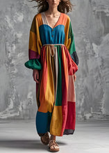 Load image into Gallery viewer, French Colorblock V Neck Wrinkled Cotton Long Dress Lantern Sleeve