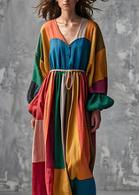 Load image into Gallery viewer, French Colorblock V Neck Wrinkled Cotton Long Dress Lantern Sleeve