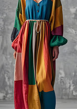 Load image into Gallery viewer, French Colorblock V Neck Wrinkled Cotton Long Dress Lantern Sleeve