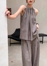 Load image into Gallery viewer, French Fashion Coffee Striped Top Wide Leg Pants Two Piece Set Summer