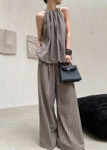 Load image into Gallery viewer, French Fashion Coffee Striped Top Wide Leg Pants Two Piece Set Summer