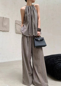 French Fashion Coffee Striped Top Wide Leg Pants Two Piece Set Summer