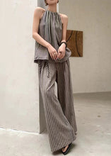 Load image into Gallery viewer, French Fashion Coffee Striped Top Wide Leg Pants Two Piece Set Summer