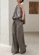 Load image into Gallery viewer, French Fashion Coffee Striped Top Wide Leg Pants Two Piece Set Summer