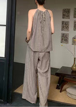 Load image into Gallery viewer, French Fashion Coffee Striped Top Wide Leg Pants Two Piece Set Summer