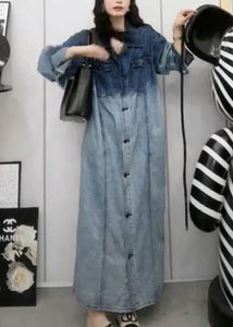 French Gradient Color Button Pockets Denim Shirts Dresses Long Sleeve