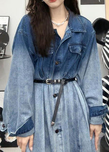 French Gradient Color Button Pockets Denim Shirts Dresses Long Sleeve