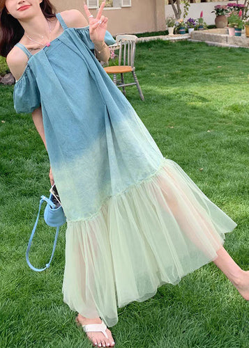 French Gradient Color Tulle Patchwork Long Dresses Summer