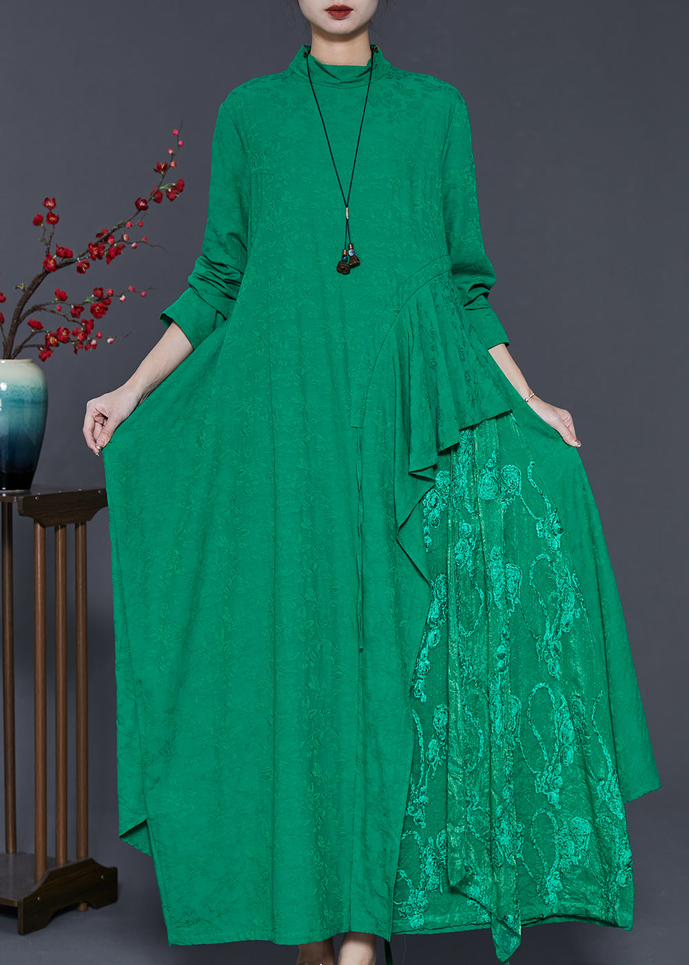 French Green Asymmetrical Patchwork Cotton Ankle Dress Spring