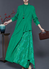 Load image into Gallery viewer, French Green Asymmetrical Patchwork Cotton Ankle Dress Spring