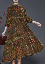 Load image into Gallery viewer, French Green Embroidered Patchwork Lace Silk Dress Spring