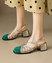 Load image into Gallery viewer, French Green Hollow Out Tulle Splicing Chunky Heel Sandals