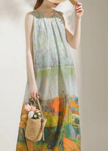 Load image into Gallery viewer, French Green O-Neck Print Cotton Long Dress Sleeveless