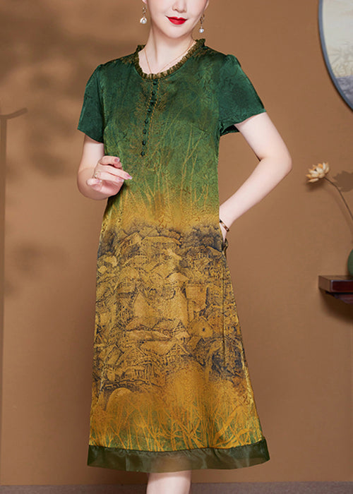 French Green Ruffled Pockets Patchwork Silk Dress Summer