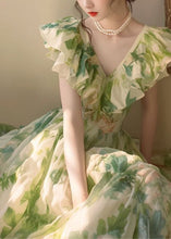 Load image into Gallery viewer, French Green Ruffled Print Chiffon Holiday Dress Summer