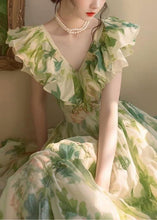 Load image into Gallery viewer, French Green Ruffled Print Chiffon Holiday Dress Summer