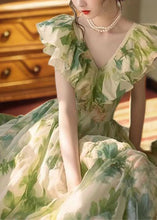 Load image into Gallery viewer, French Green Ruffled Print Chiffon Holiday Dress Summer