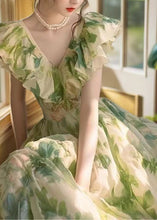 Load image into Gallery viewer, French Green Ruffled Print Chiffon Holiday Dress Summer