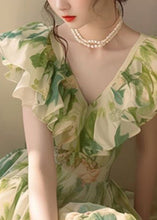 Load image into Gallery viewer, French Green Ruffled Print Chiffon Holiday Dress Summer