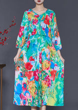 Load image into Gallery viewer, French Green Ruffled Print Exra Large Hem Silk Beach Dress Spring