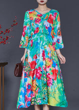 Load image into Gallery viewer, French Green Ruffled Print Exra Large Hem Silk Beach Dress Spring