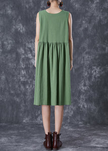 French Green V Neck Exra Large Hem Linen Dress Summer