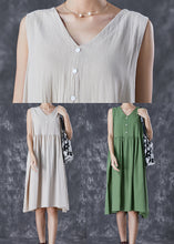 Load image into Gallery viewer, French Green V Neck Exra Large Hem Linen Dress Summer